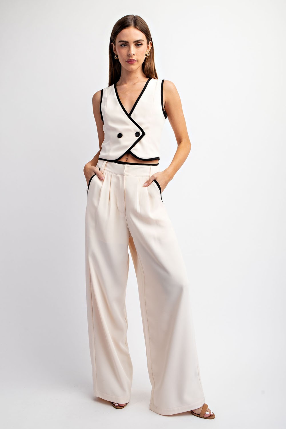 Chic Double-Breasted Vest and Contrast Edge Long Pants Set