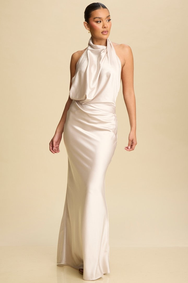 Cowl Neck Open Back Satin Dress - Maa Boutique Cowl Neck Open Back Satin Dress - Maa Boutique