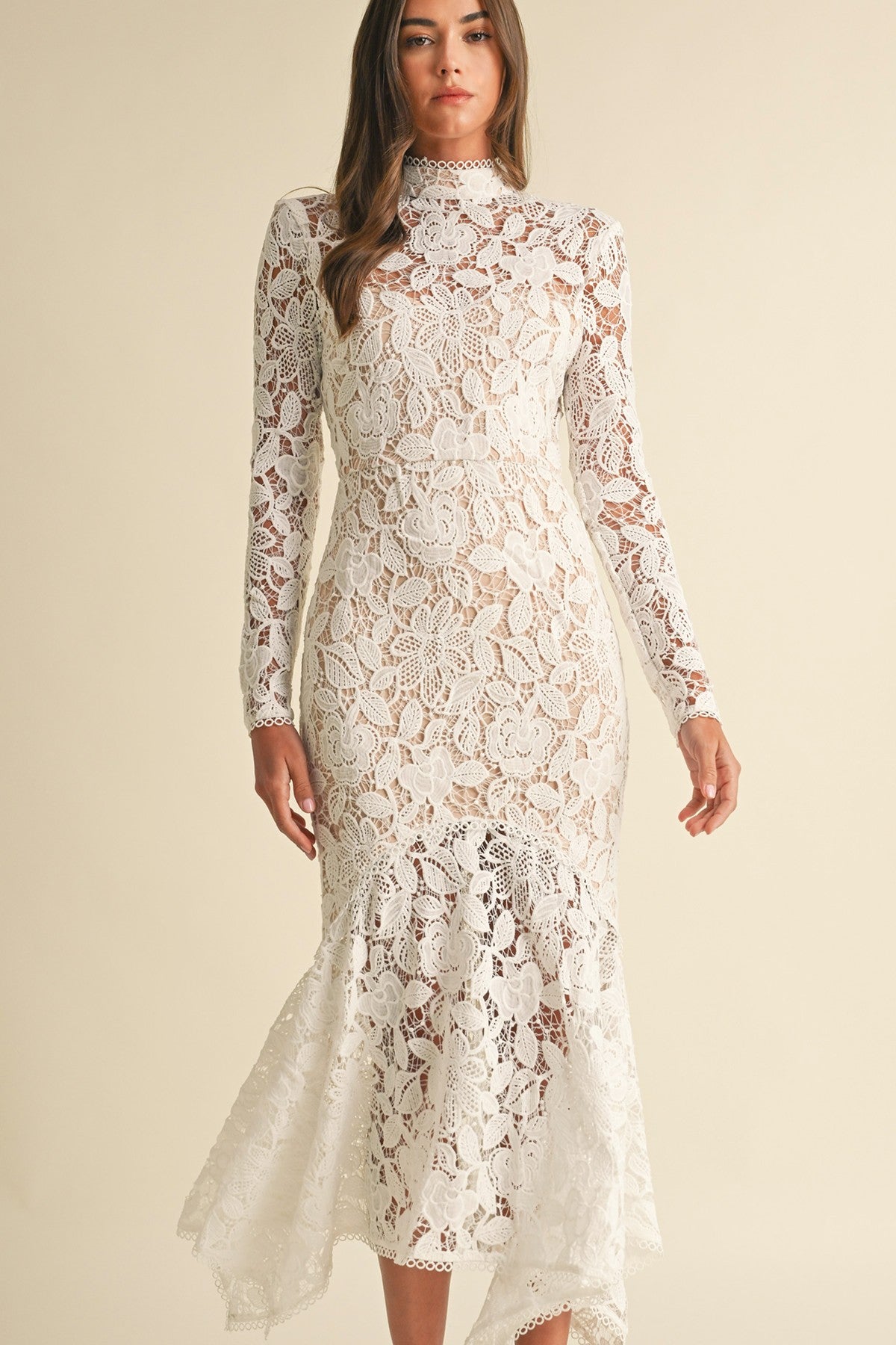 Premium Floral Lace Midi Dress with Romantic Fishtail Hem - Maa Boutique Premium Floral Lace Midi Dress with Romantic Fishtail Hem - Maa Boutique