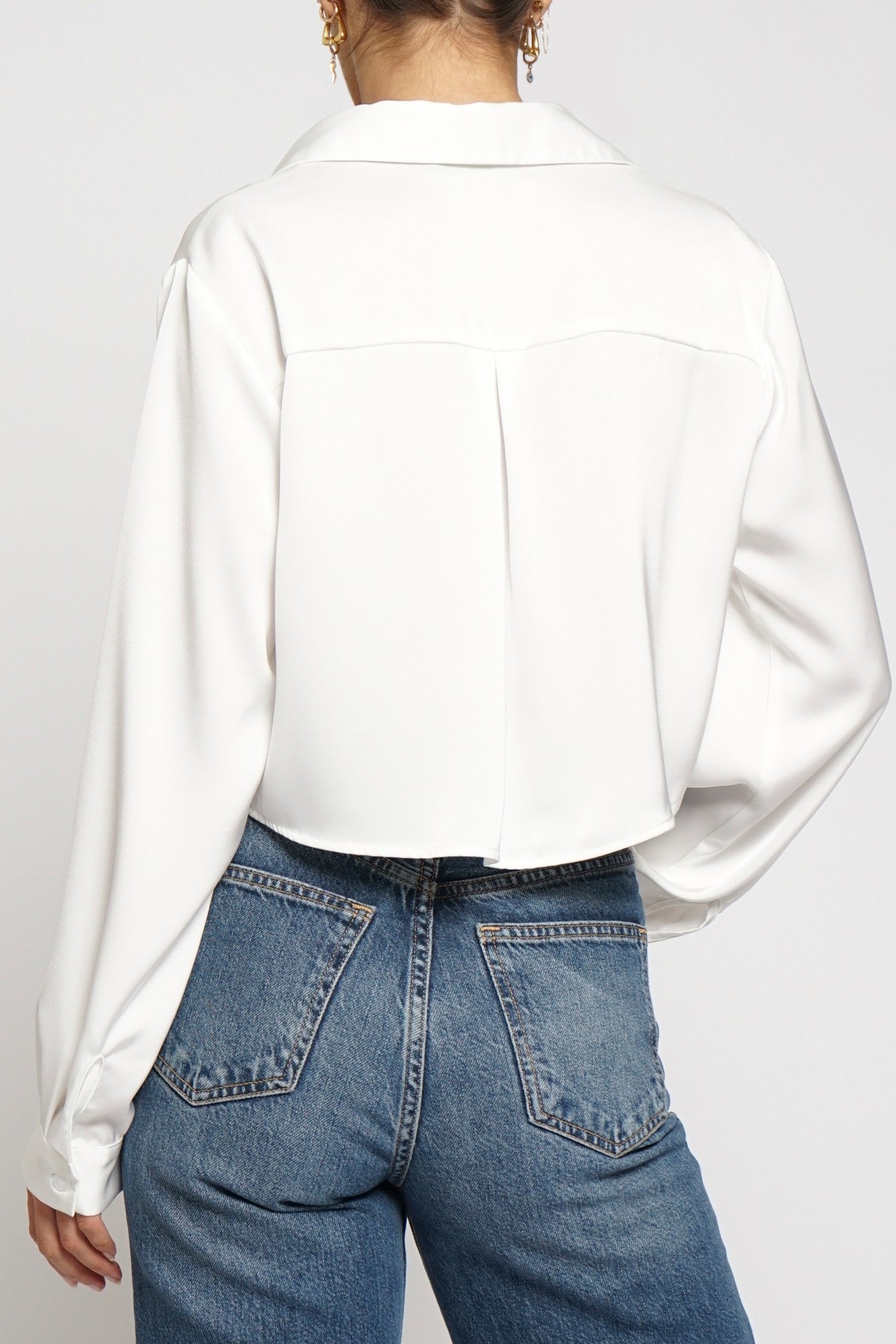 Cropped Satin Blouse with Collar