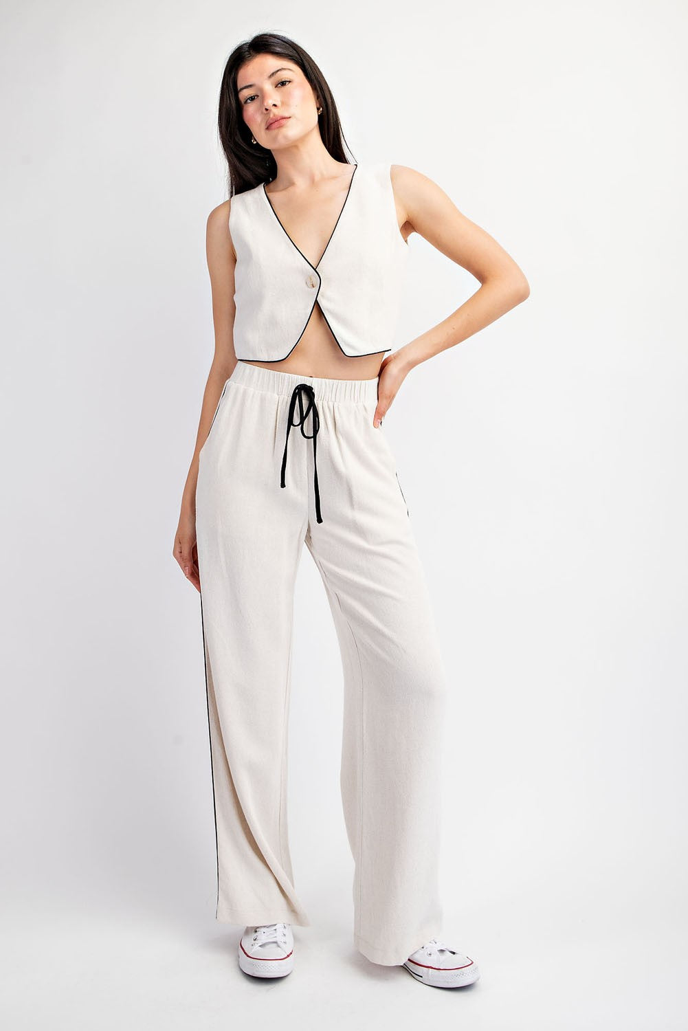 Textured Woven Vest with Contrast Piping and Elastic Waist Pants Set