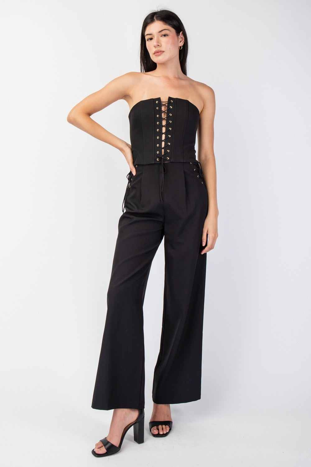 Lace-Up Front Corset Tube Top & Lace-Up Detailed Woven Pants Set